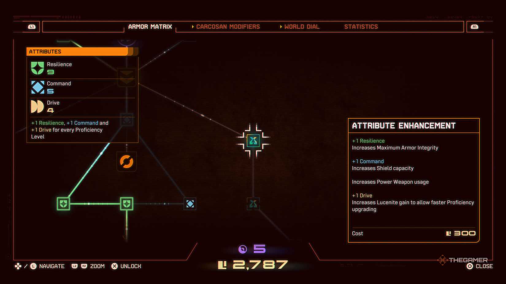 Armor Matrix menu attribute upgrade node in Saros.