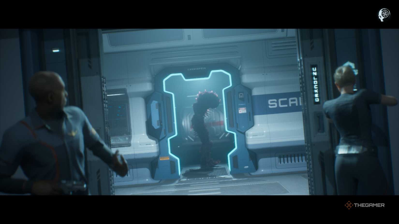 The monster about to be sealed outside a door in episode six of The Dark Pictures Anthology Directive 8020.