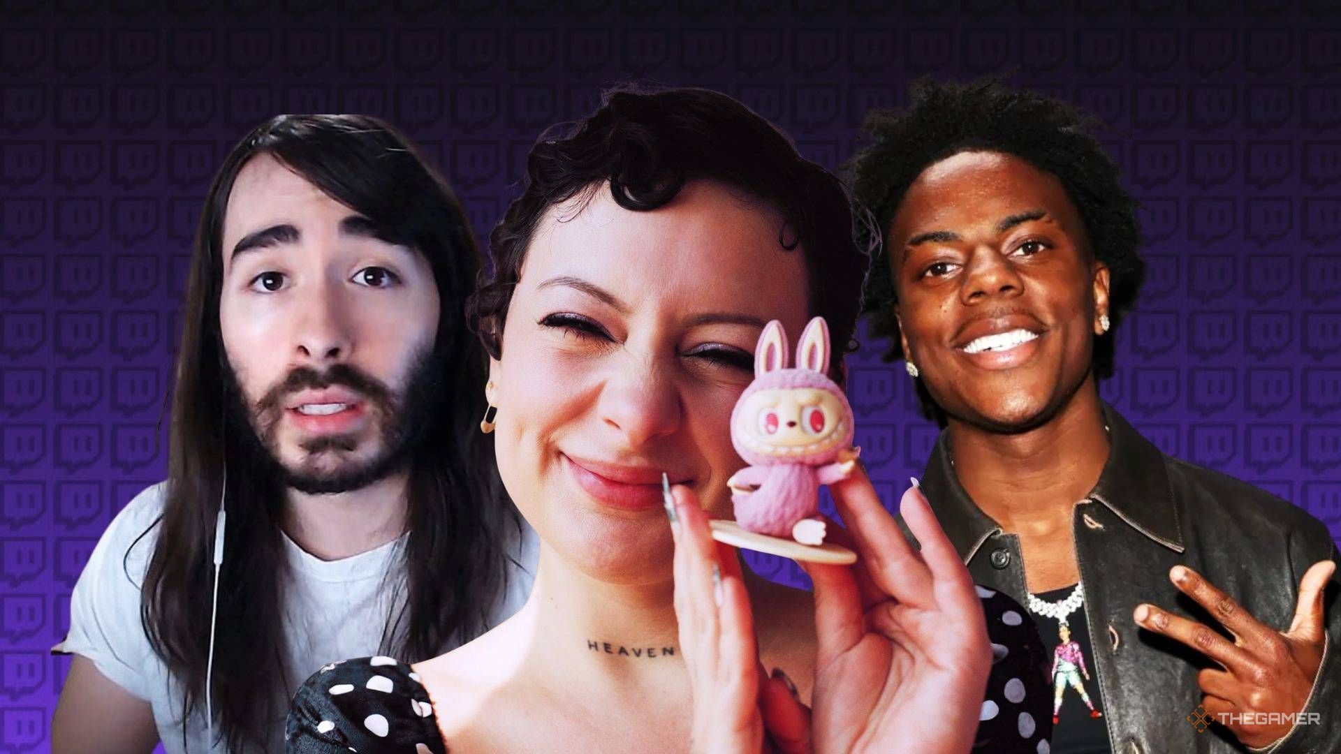 Twitch streamers pose in front of a Twitch background.