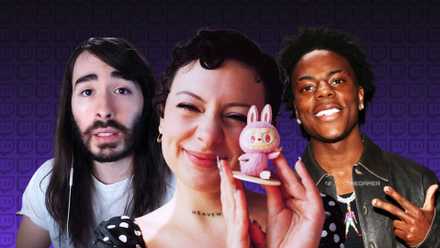 Twitch streamers pose in front of a Twitch background.