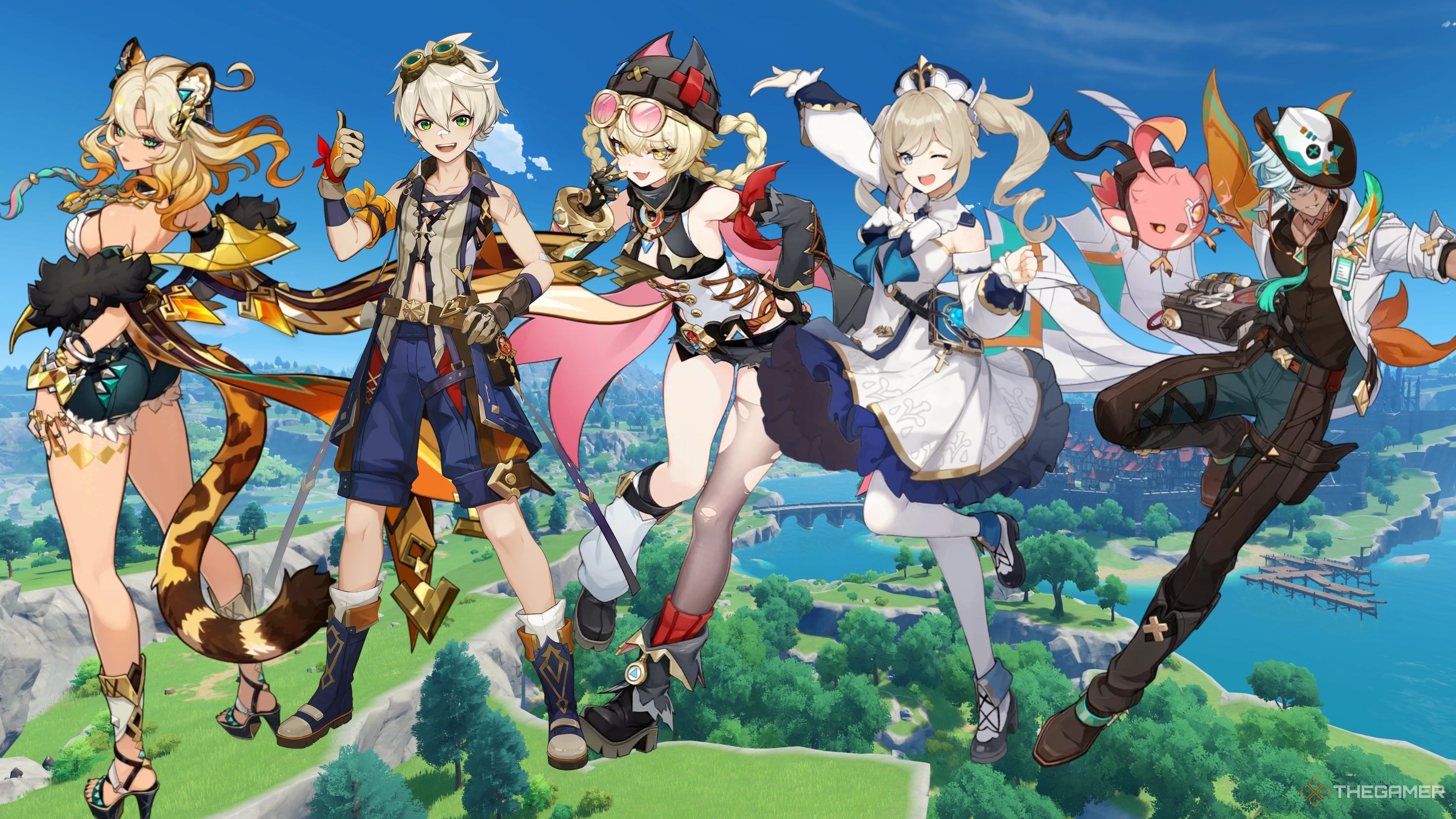 Xilonen, Bennett, Jahoda, Barbara, and Ifa from Genshin Impact.