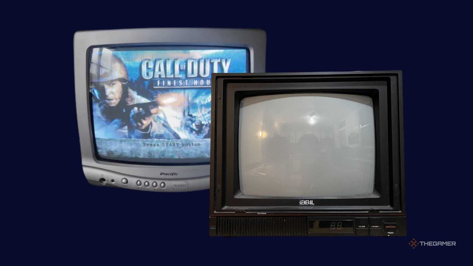 Two CRTVs in front of a navy background.