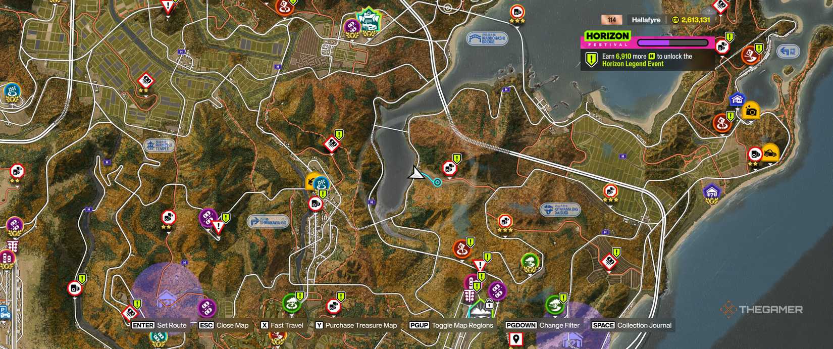 Driving near bamboo, with the map displayed, in Forza Horizon 6.