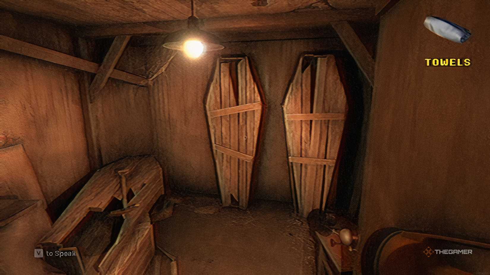 Two wooden coffins in Fears To Fathom Scratch Creek.