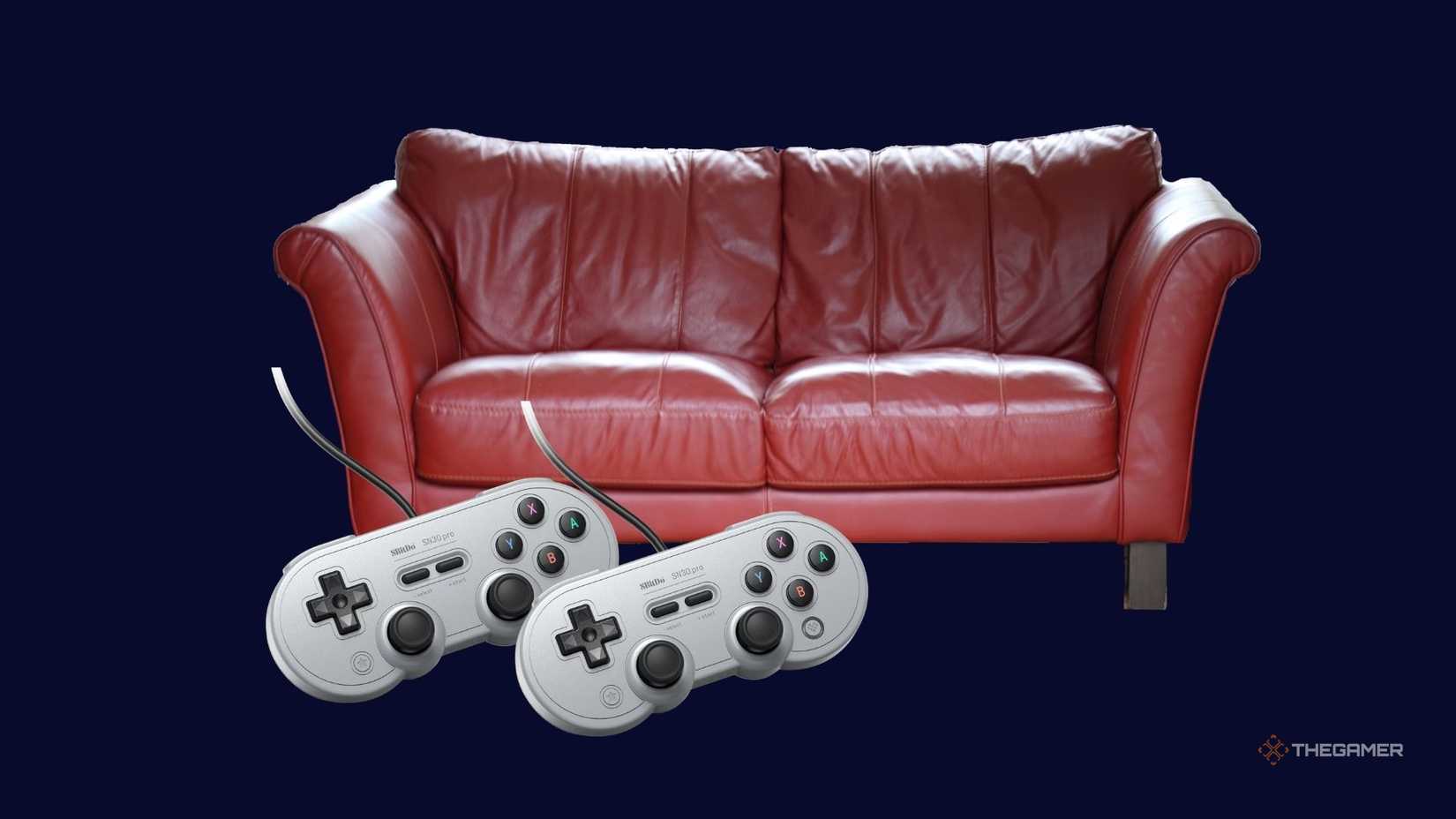 Couch and remote control in front of navy background.