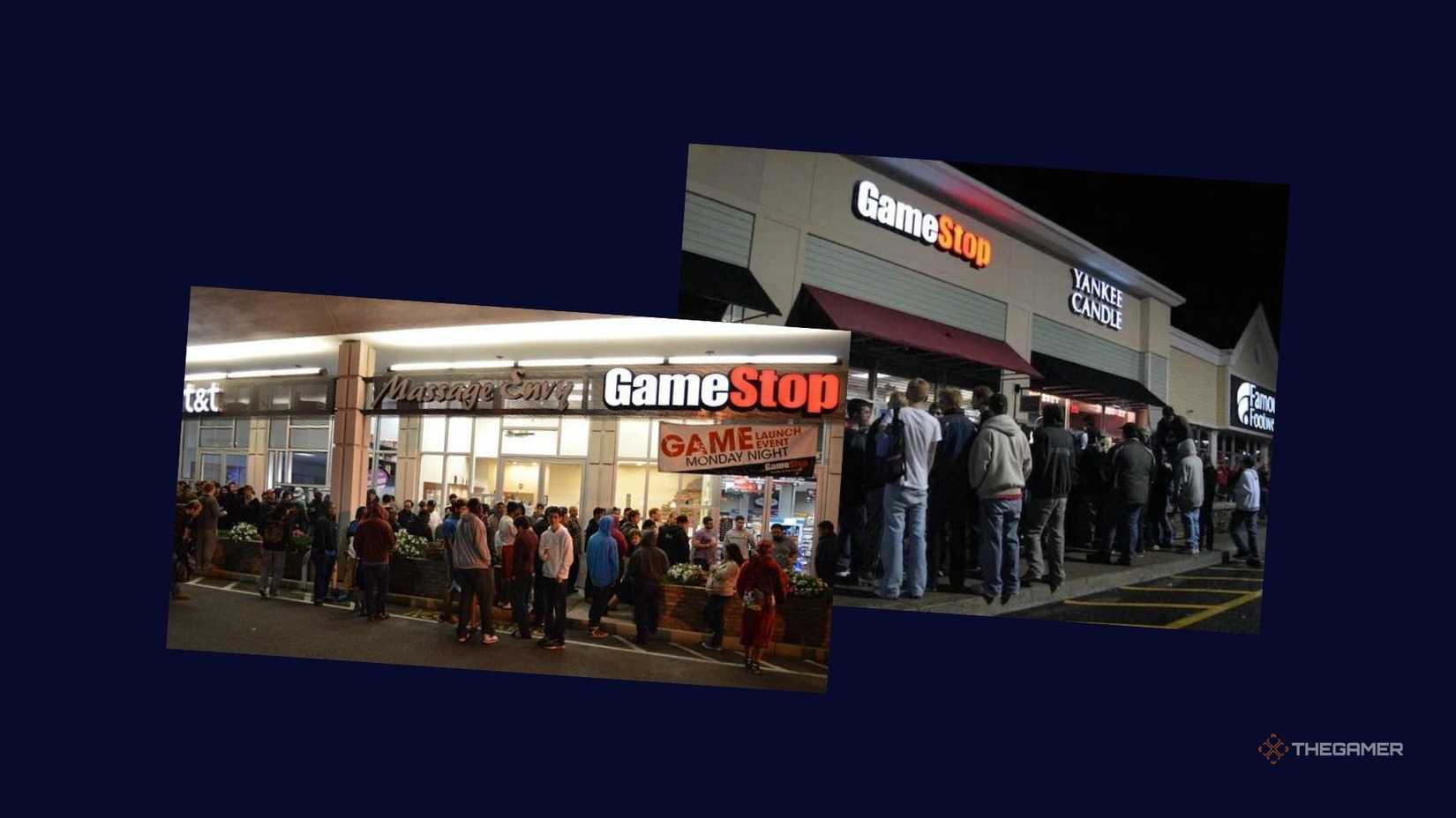 Gamers lined up at Gamestop in front of a navy backdrop.