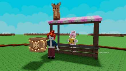 A player holding a crate near the Prop Store in Grow a Garden 2 Roblox.