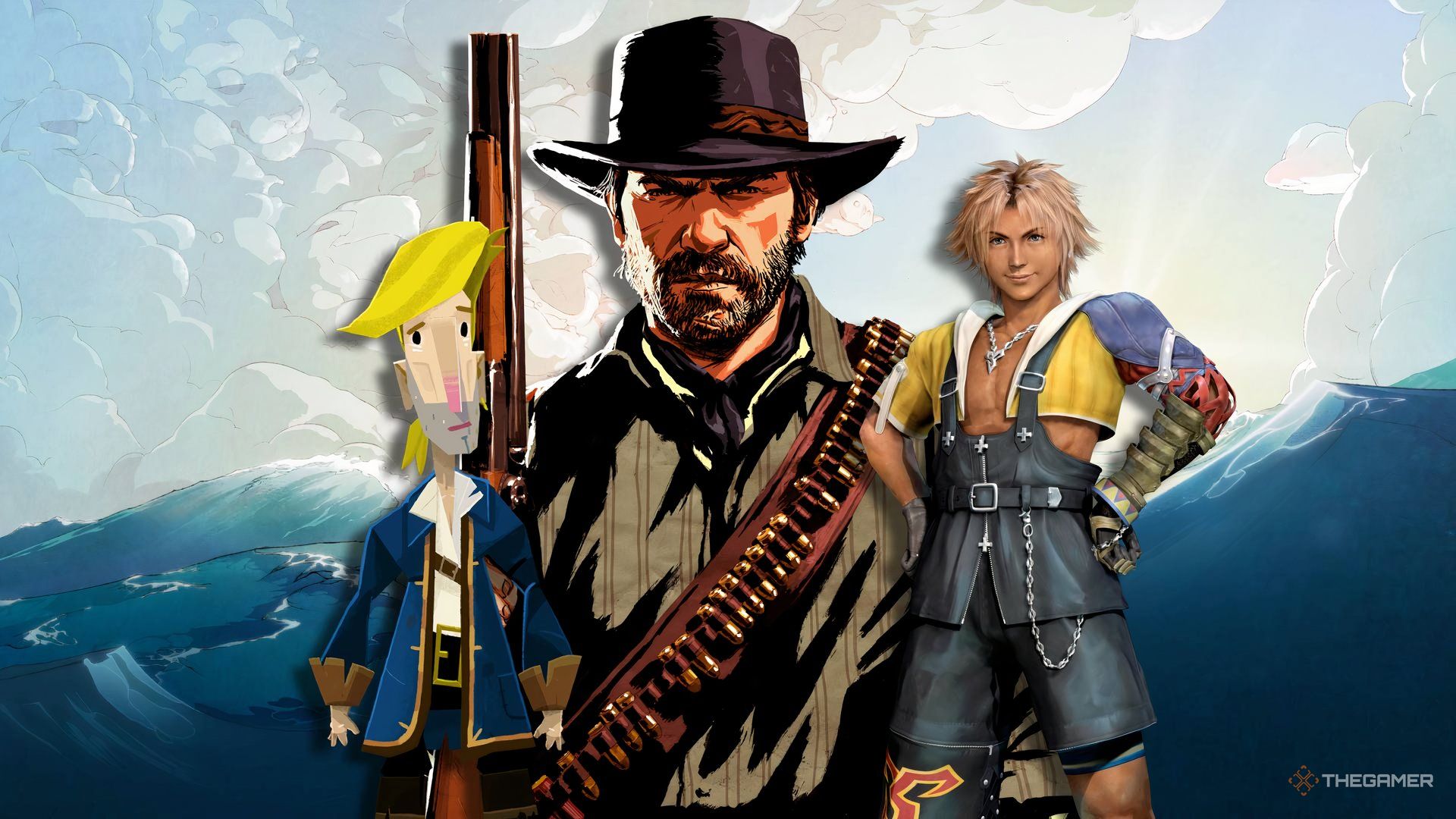 Spiritfarer background overlaid with renderings of Guybrush Threepwood, Tidus, and Arthur Morgan.