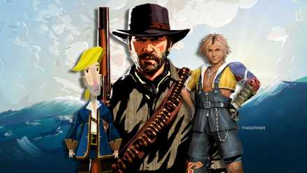 Spiritfarer background overlaid with renderings of Guybrush Threepwood, Tidus, and Arthur Morgan.
