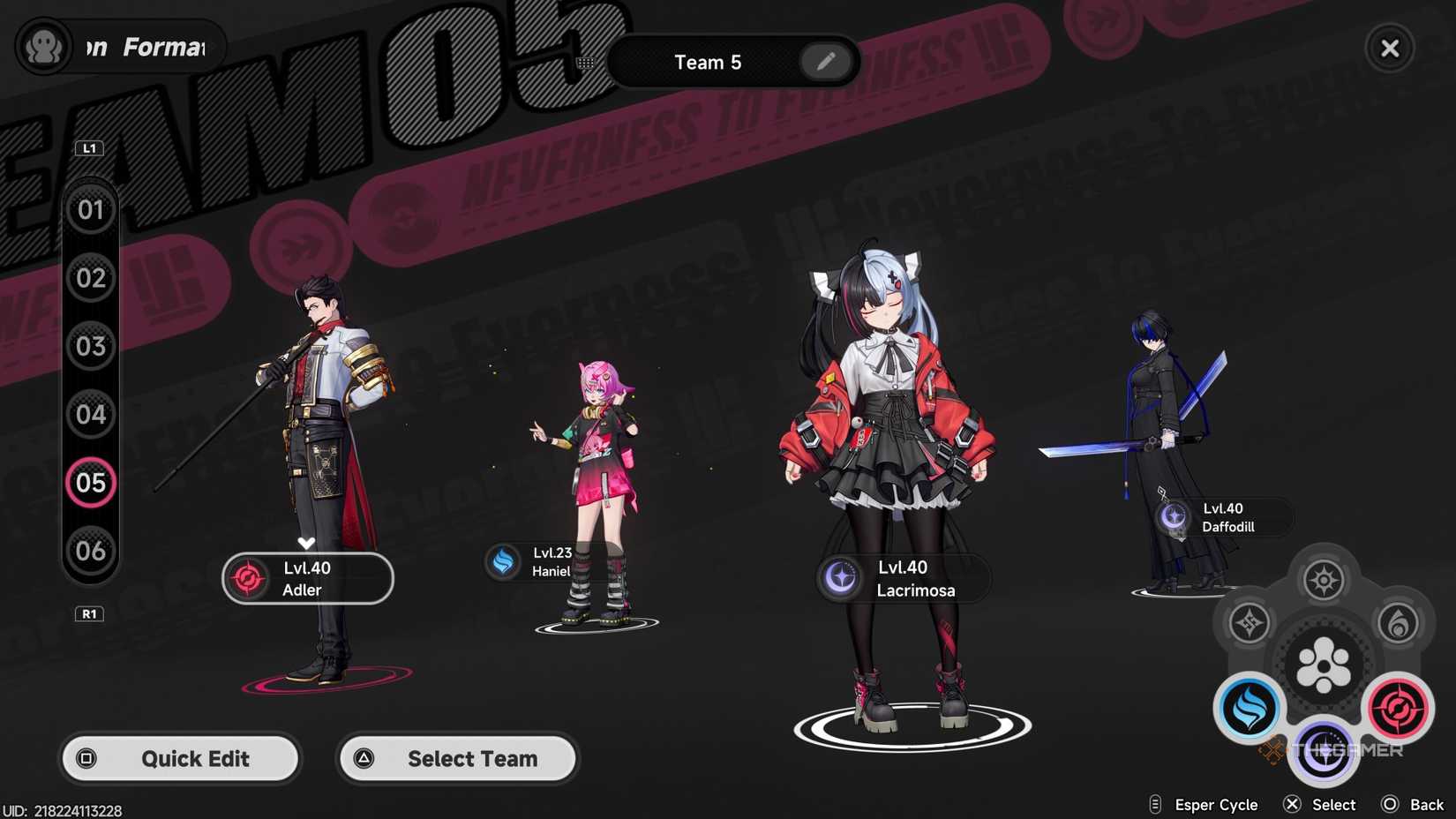 A team in NTE with Adler, Haniel, Lacrimosa and Daffodil from Neverness to Everness.