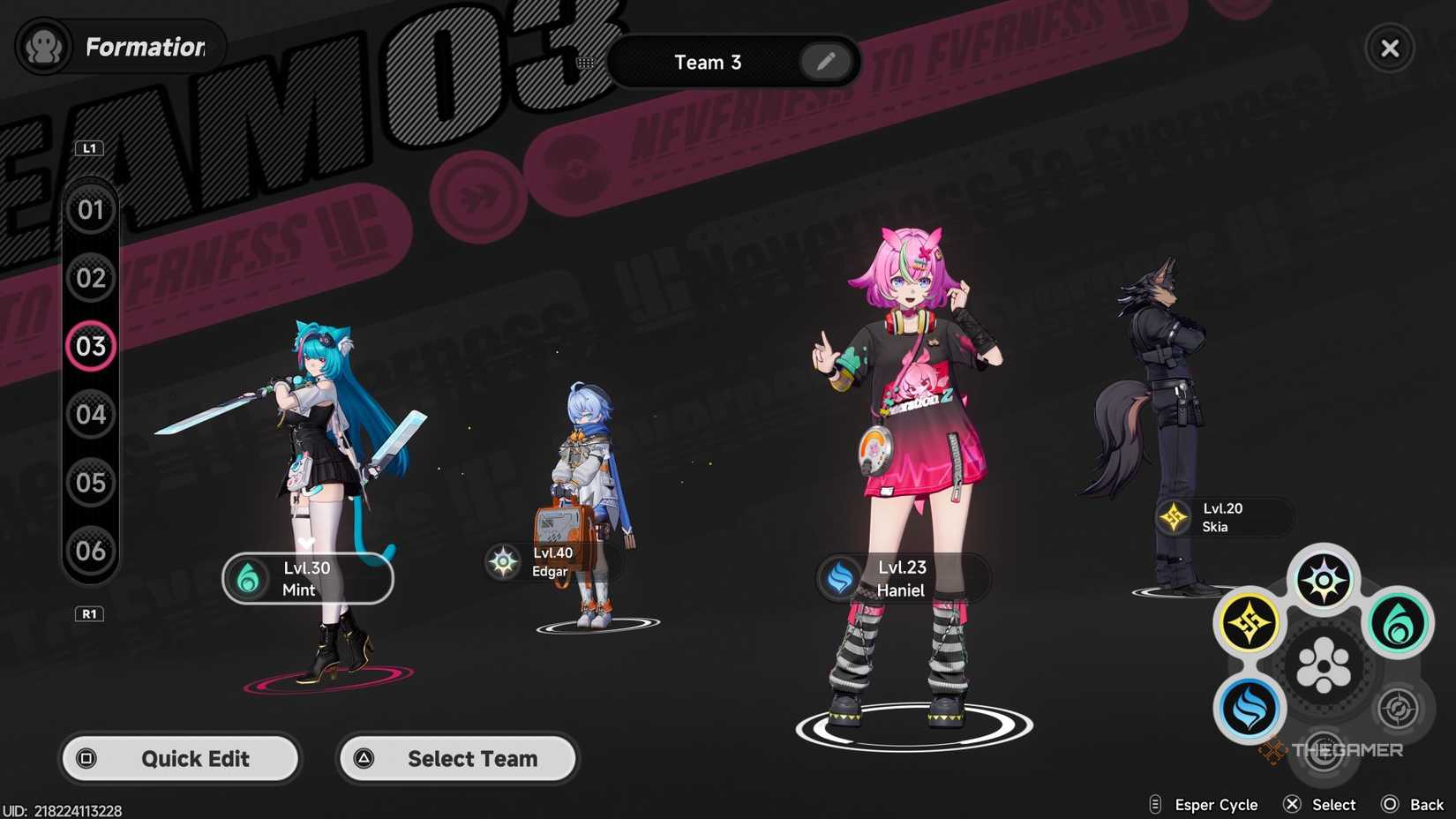 Squadra con Mint, Edgar, Haniel e Skia che attiva i Cicli Esper Anima, Cosmos, Lakshana e Psyche