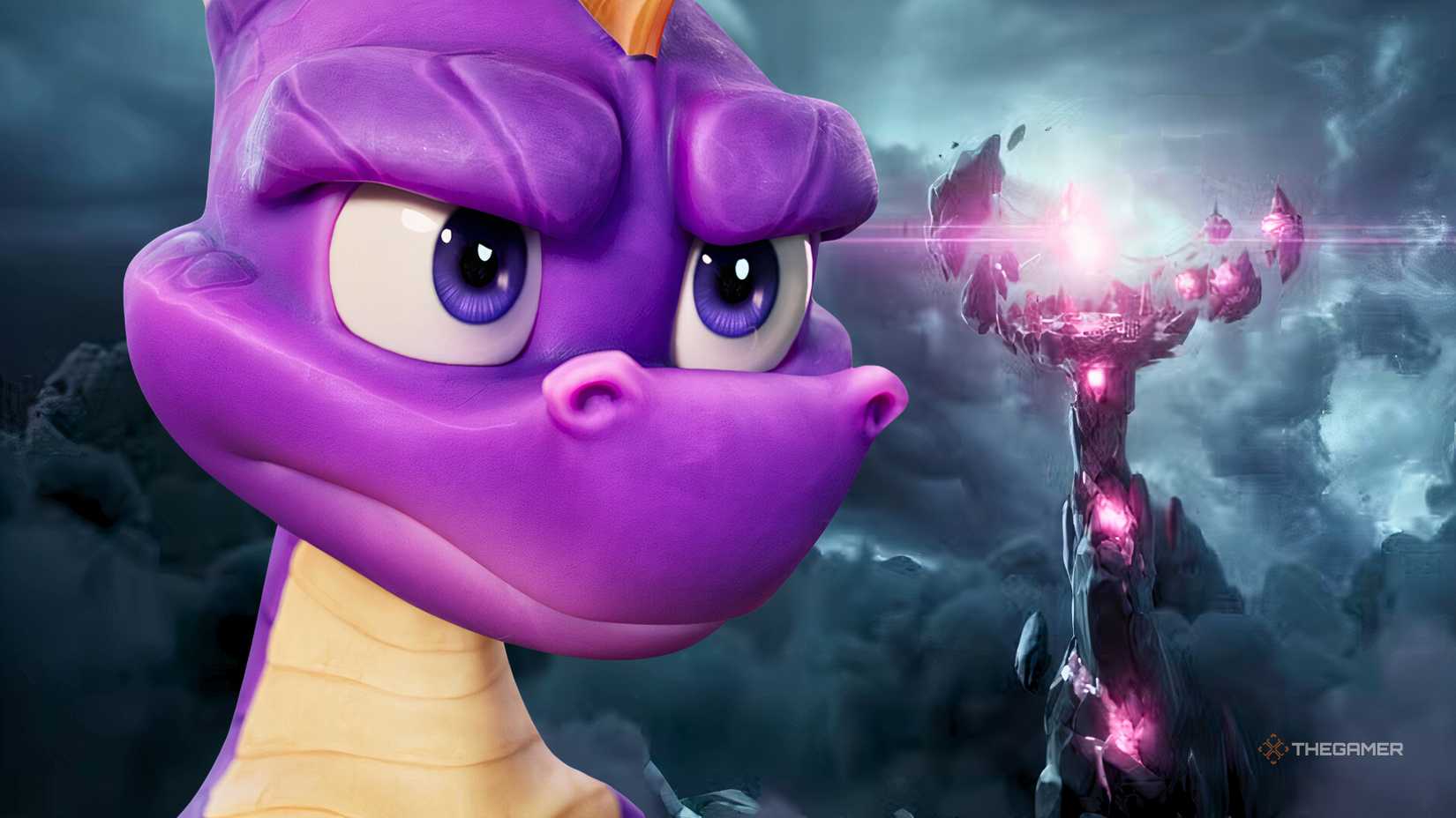 Closeup of spyro with an evil tower behind him in Spyro A Realm Reborn.