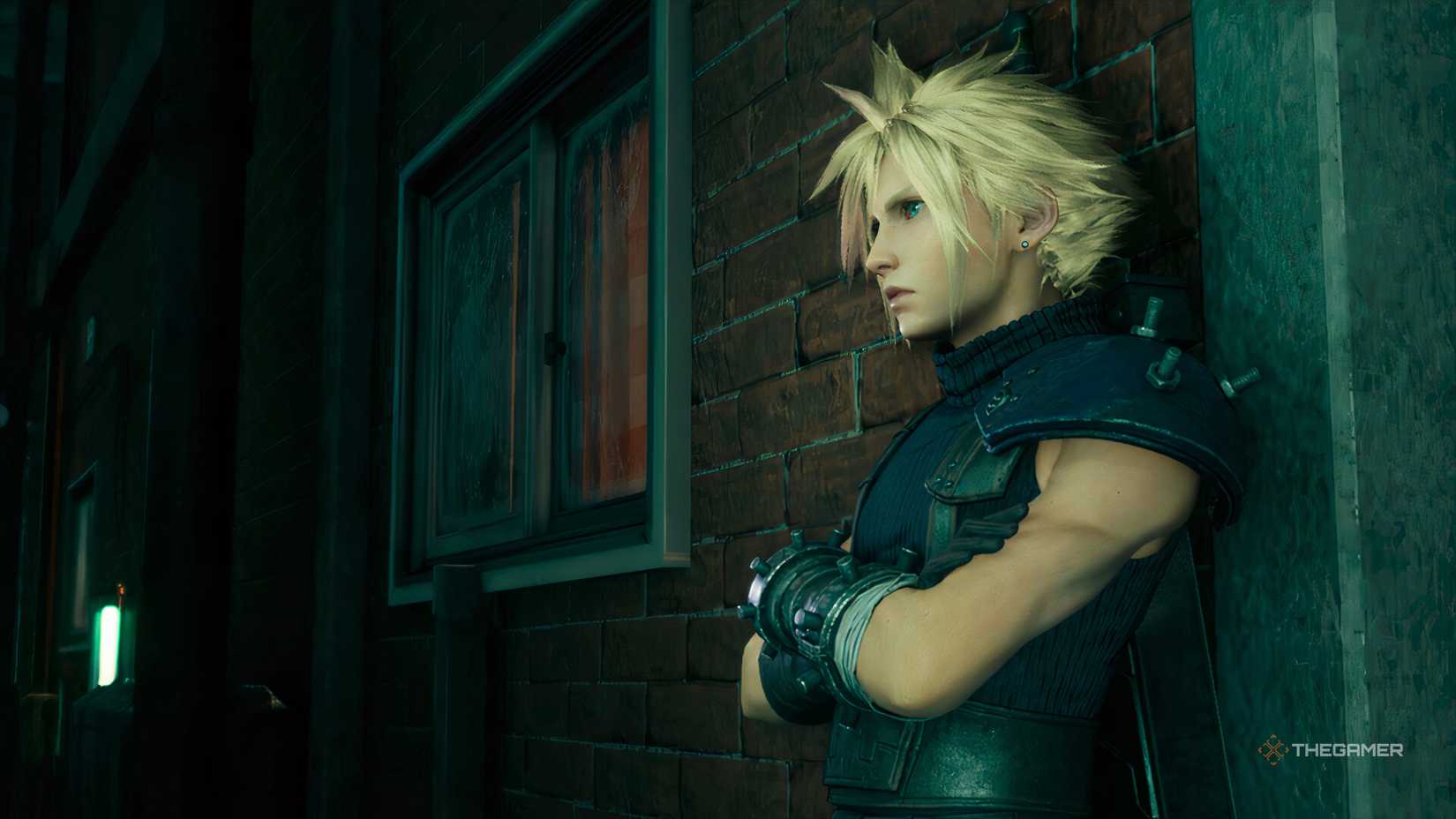 Cloud leaning against a brick wall in Final Fantasy 7 Remake.