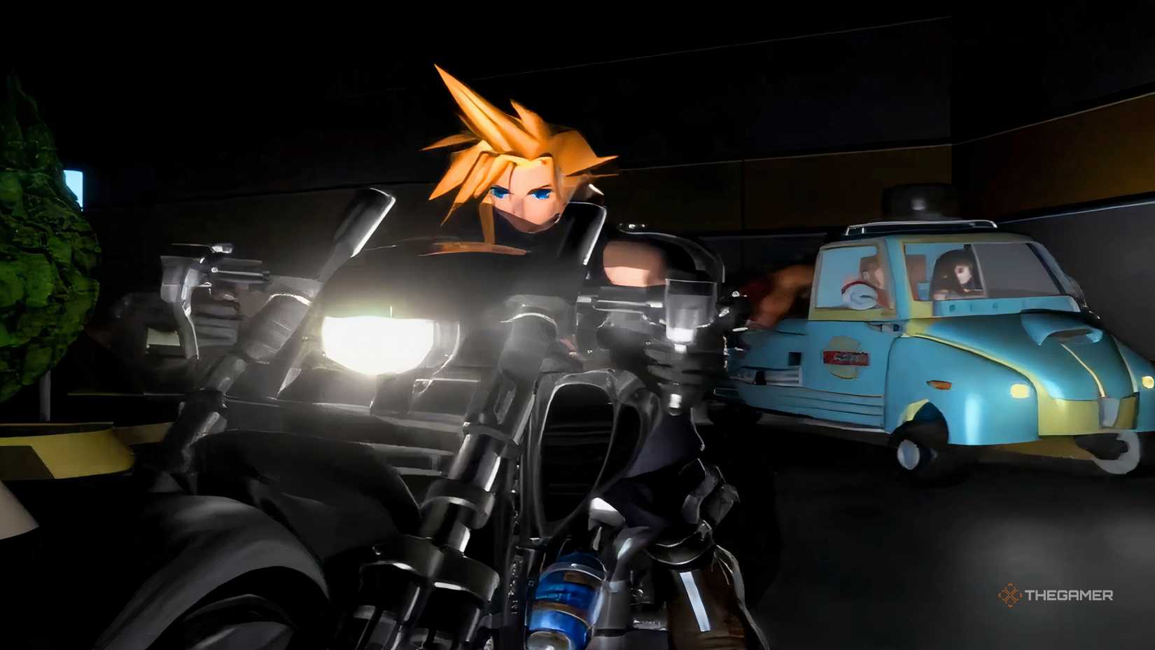 Cloud on a motorcycle with the rest of Avalanche behind him in a truck in Final Fantasy 7.