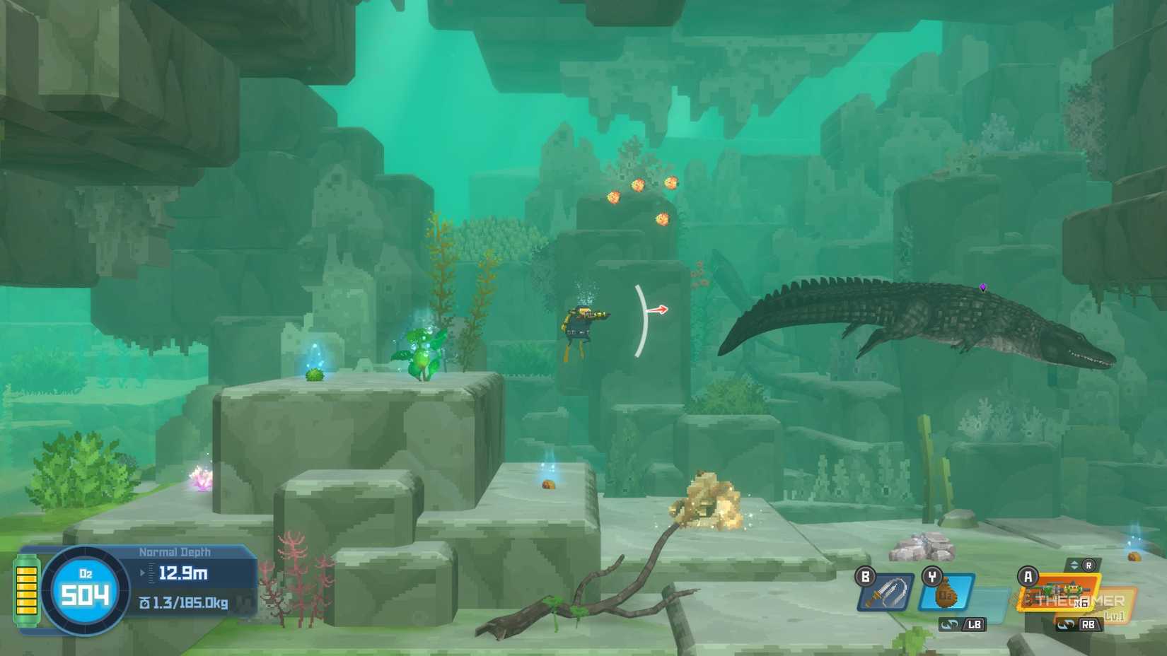 Dave takes aim at Caiman in Dave the Diver In the Jungle.