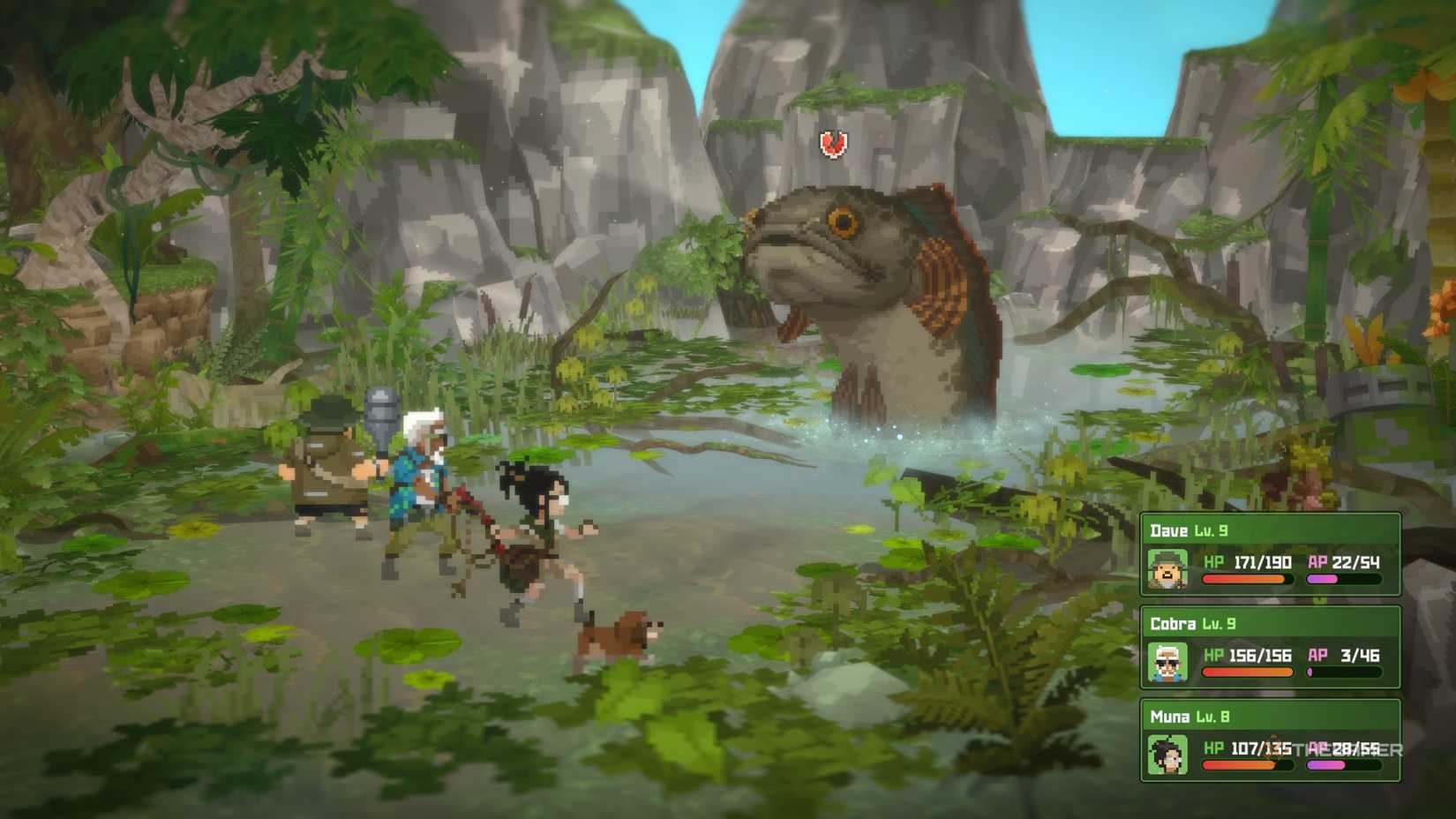 Dave and friends engage in turn-based combat in Dave the Diver In the Jungle.