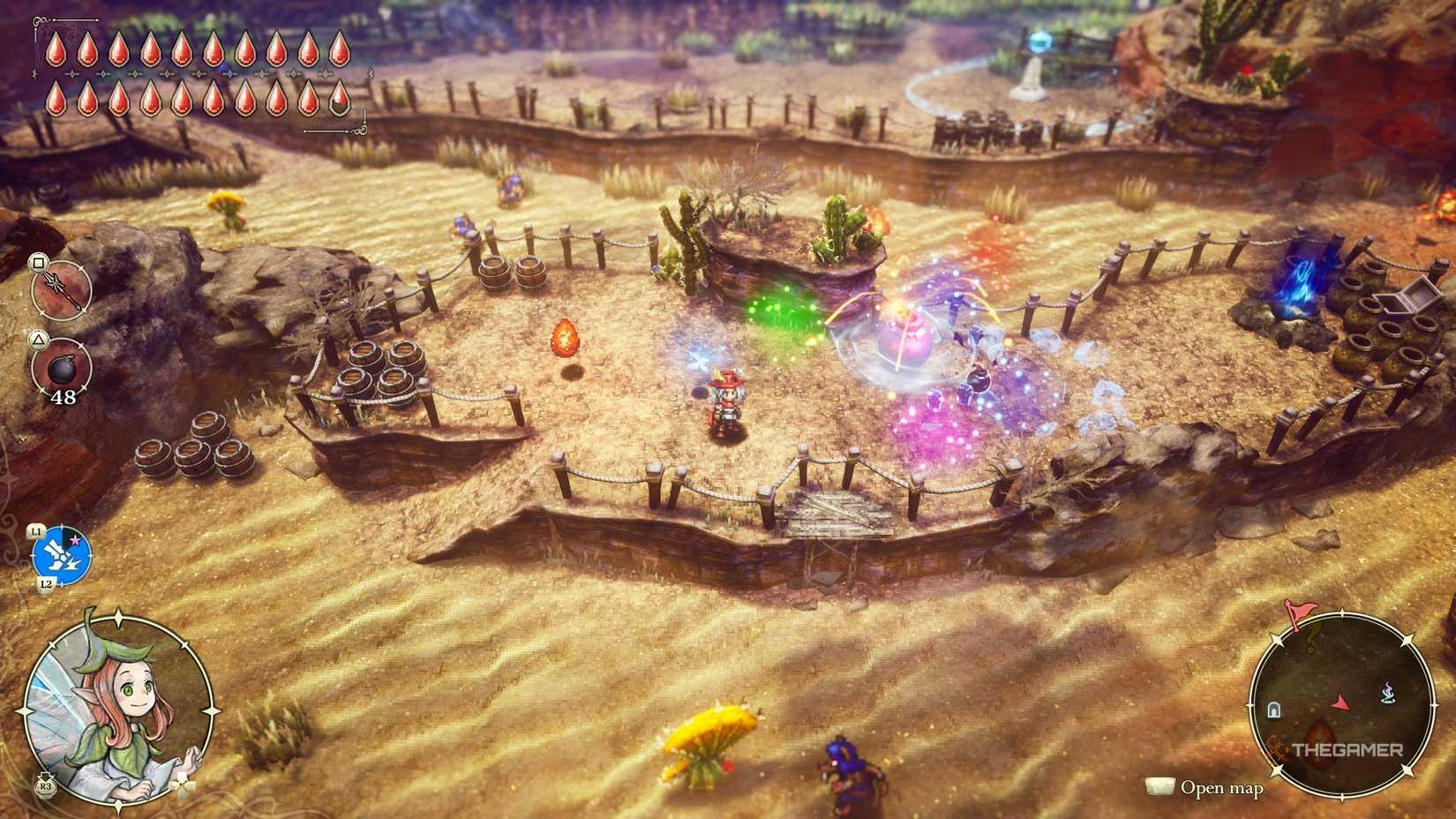 Elliot fights enemies with bombs in the desert in The Adventure of Elliot the Millenium Tailes.