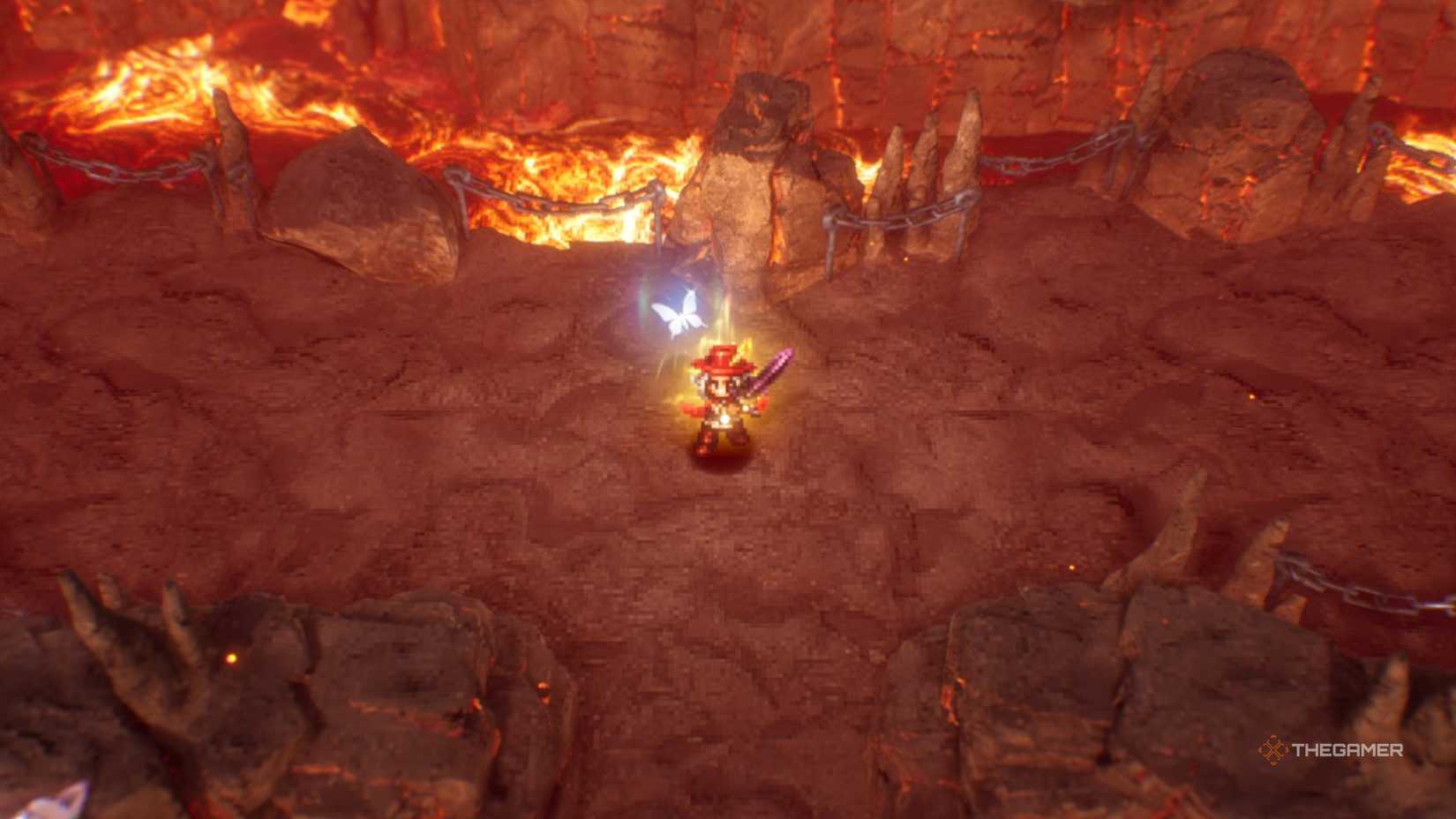Elliot holds a charged sword in a fiery cave in The Adventures of Elliot the Millenium Tales.