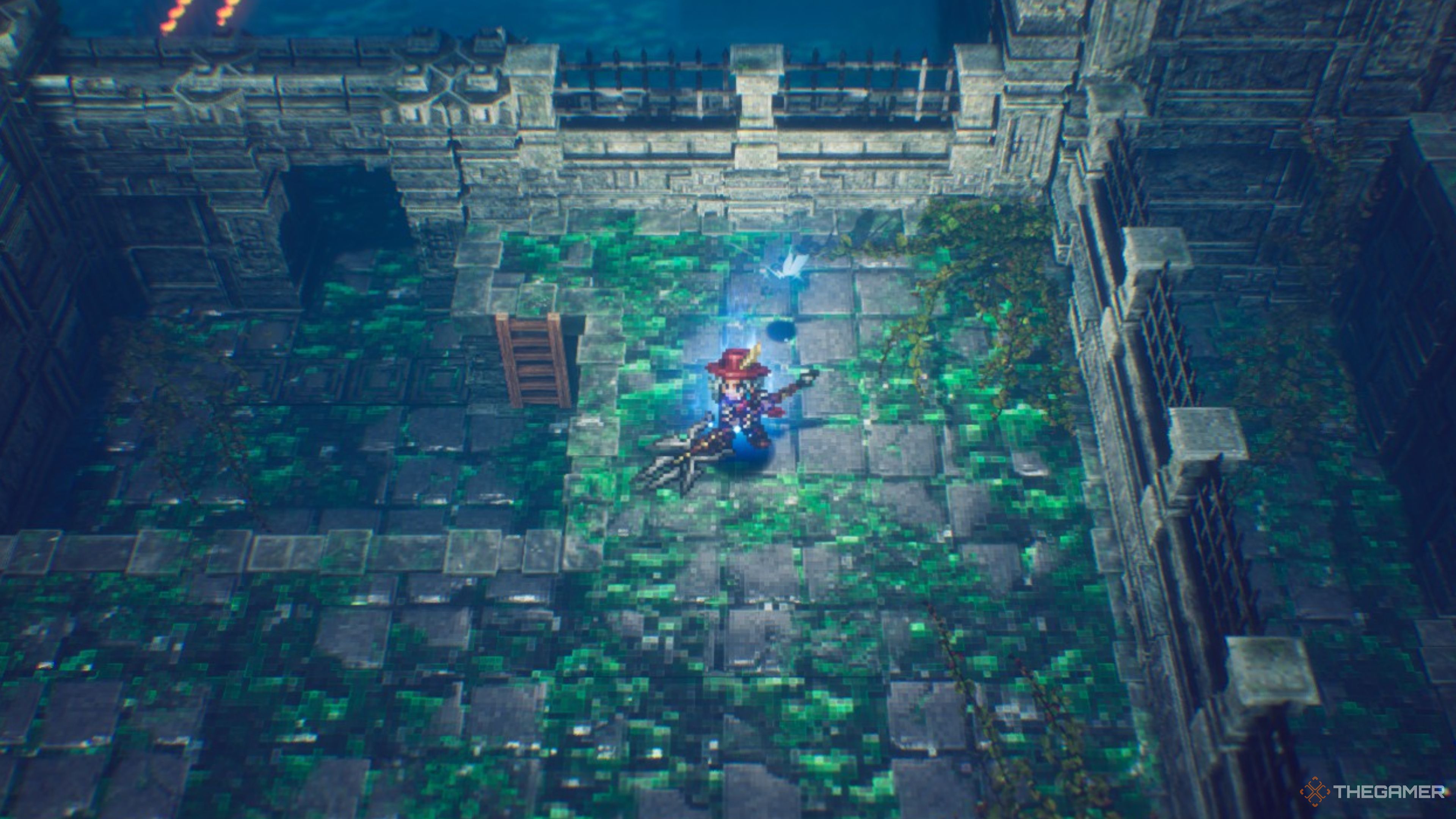 The Adventures of Elliot In The Millennium Tales, Elliot wields a spear in a water-filled temple.