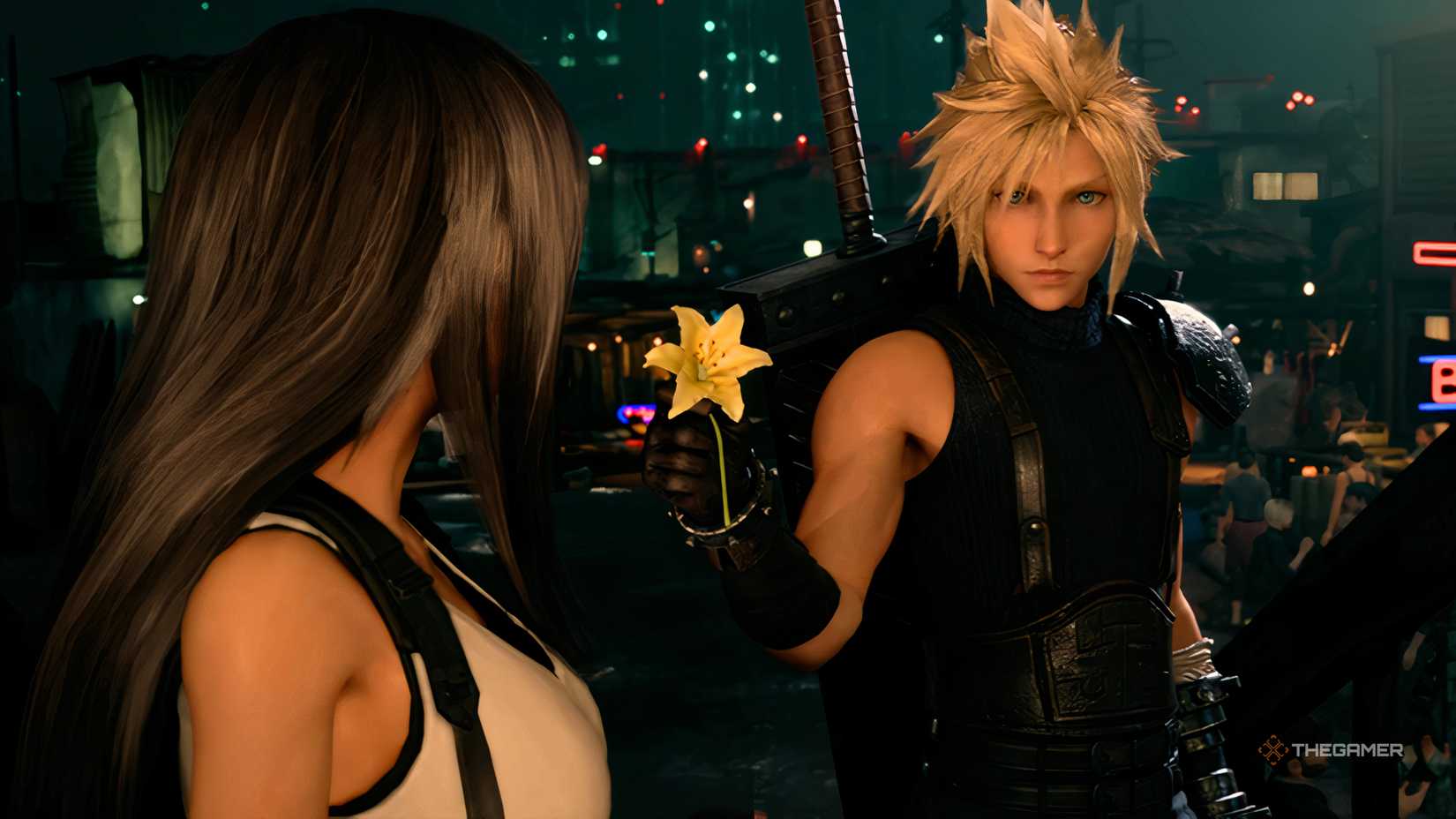 Cloud extends the flower to Tifa in Final Fantasy 7 Remake.