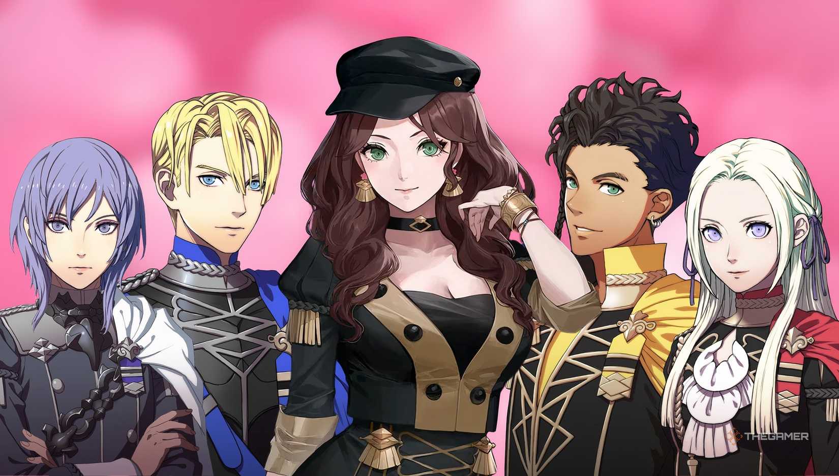 Fire Emblem Three Houses characters on a red background