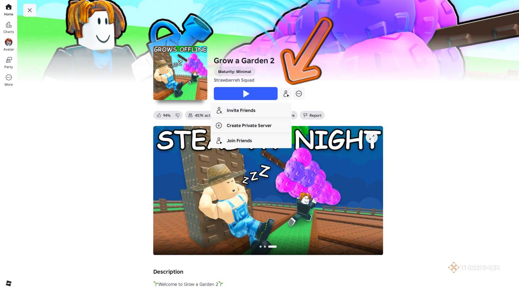 Grow a Garden 2 page with an arrow pointing to the private server settings.