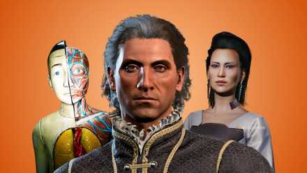 Gutsy, Raphael and Elizabeth Peralez over an orange background.