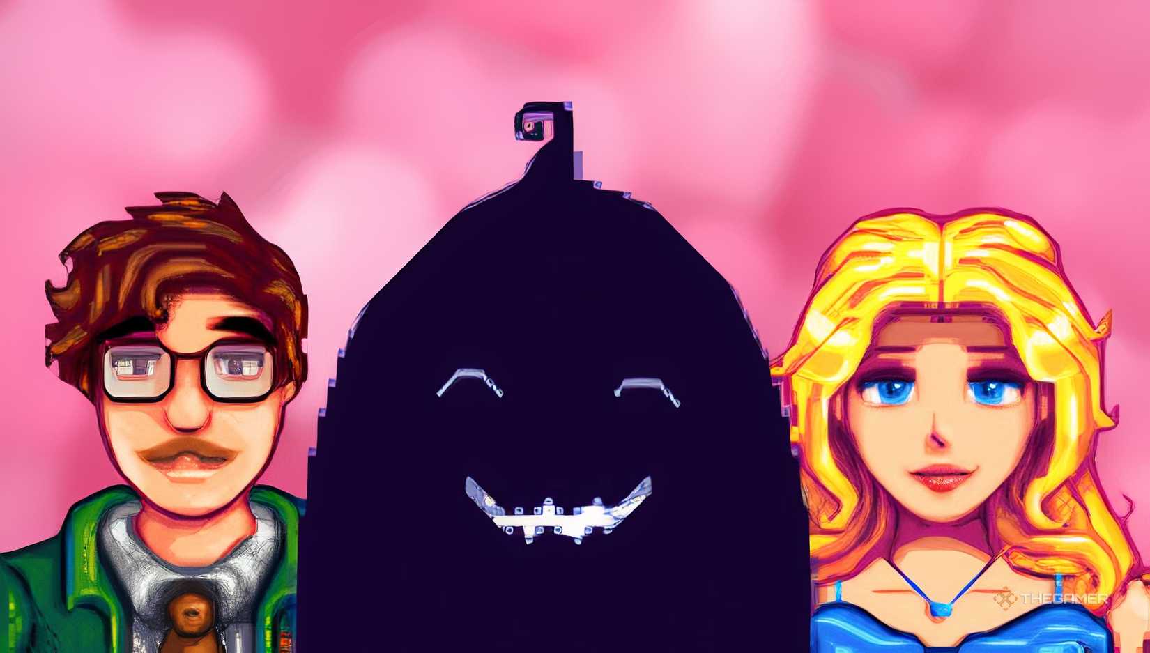 Harvey, Hailey and Krobus from Stardew Valley on a red background