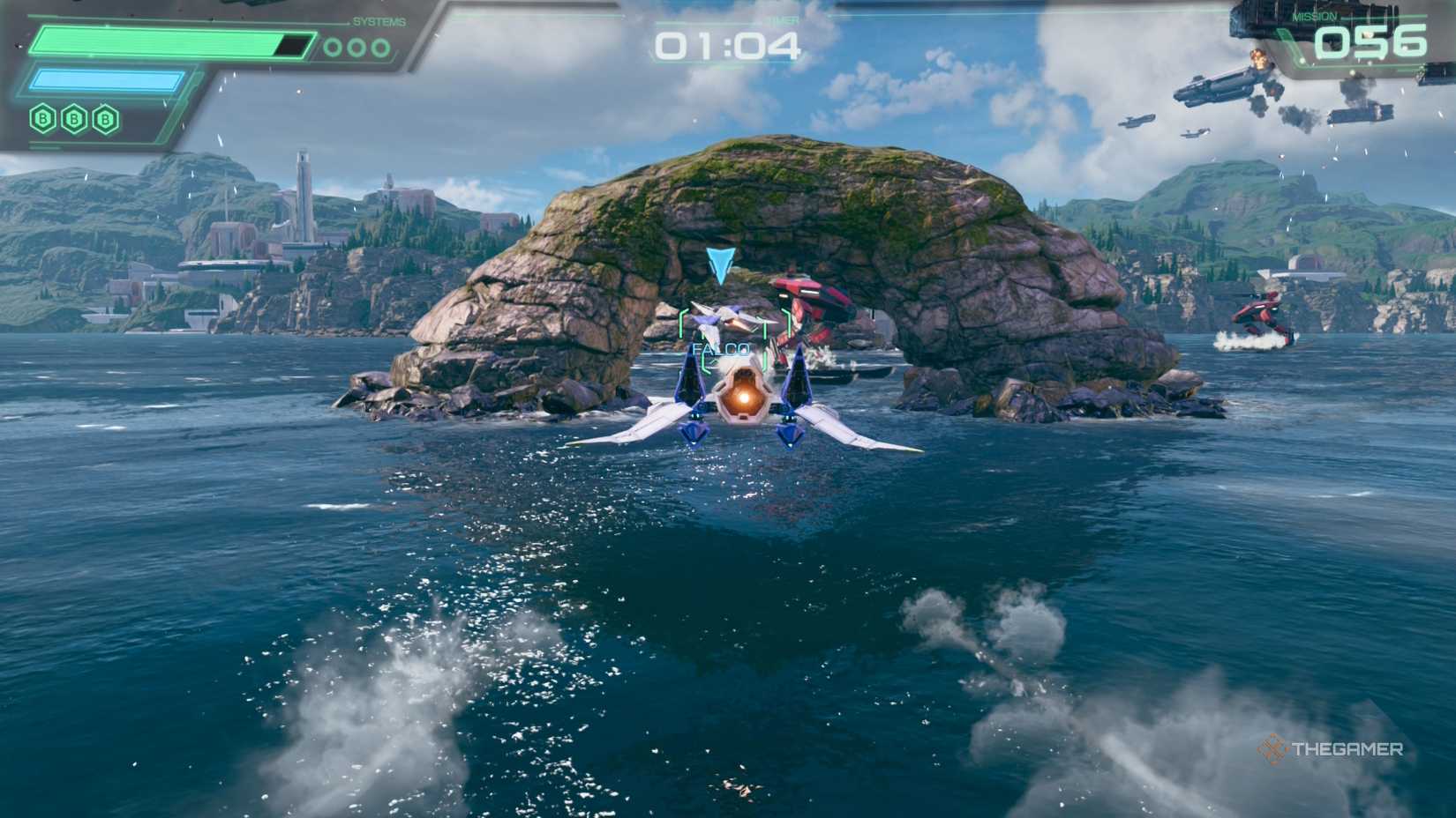 Flying through a stone arch in Corneria in Star Fox.