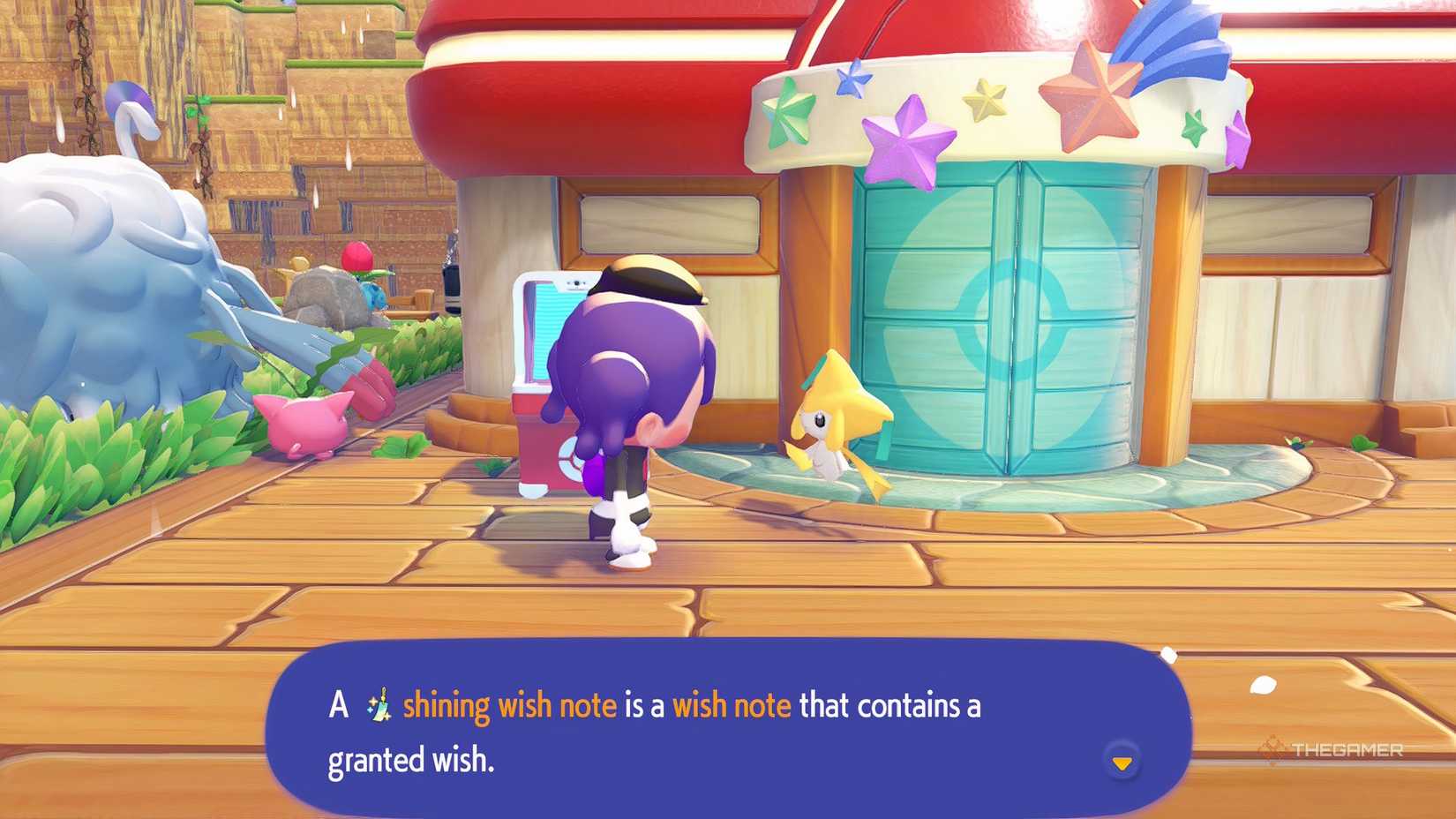 Jirachi standing in front of Ditto outside the pokemon center in Pokemon Pokopia.