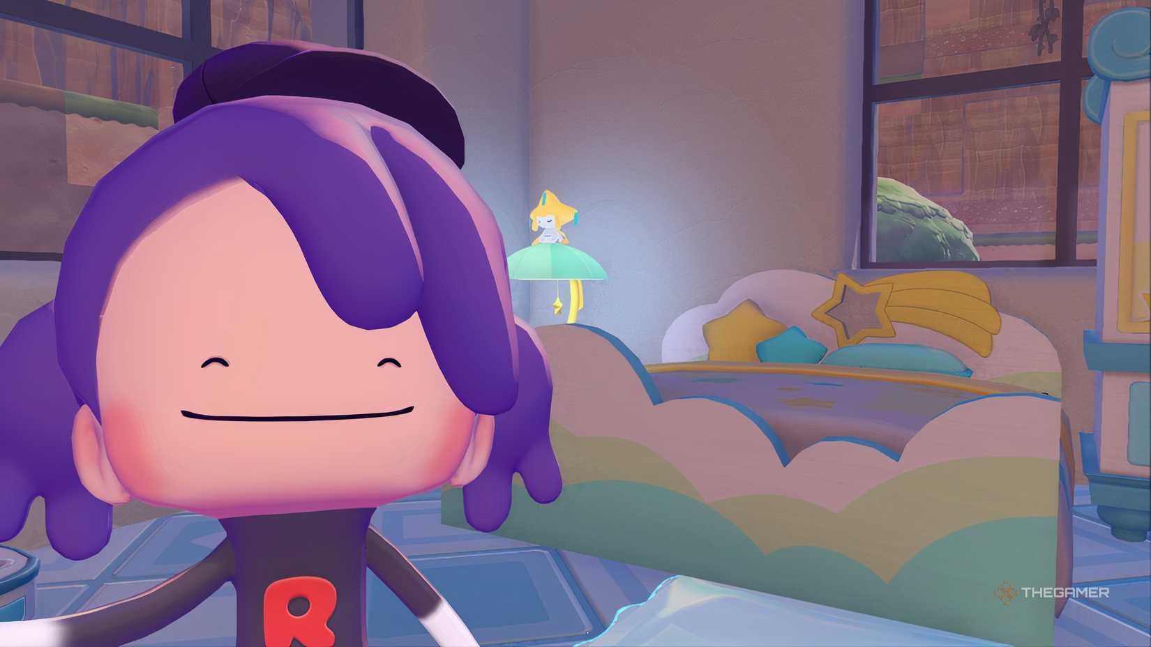 Ditto posed in front of furniture for Jirachi events in Pokémon Pokopia.