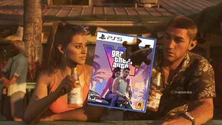 Jason and Lucia drinking beer at a bar in GTA 6 with a game box overlaid with a puzzle piece taken out of it..