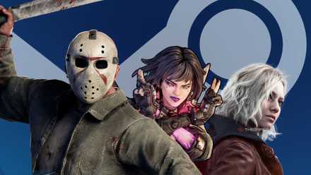 Jason from Dead By Daylight, Vex from Borderlands 4, and Grace from Resident Evil 9 from Baldur's Gate 3 over a steam logo background.