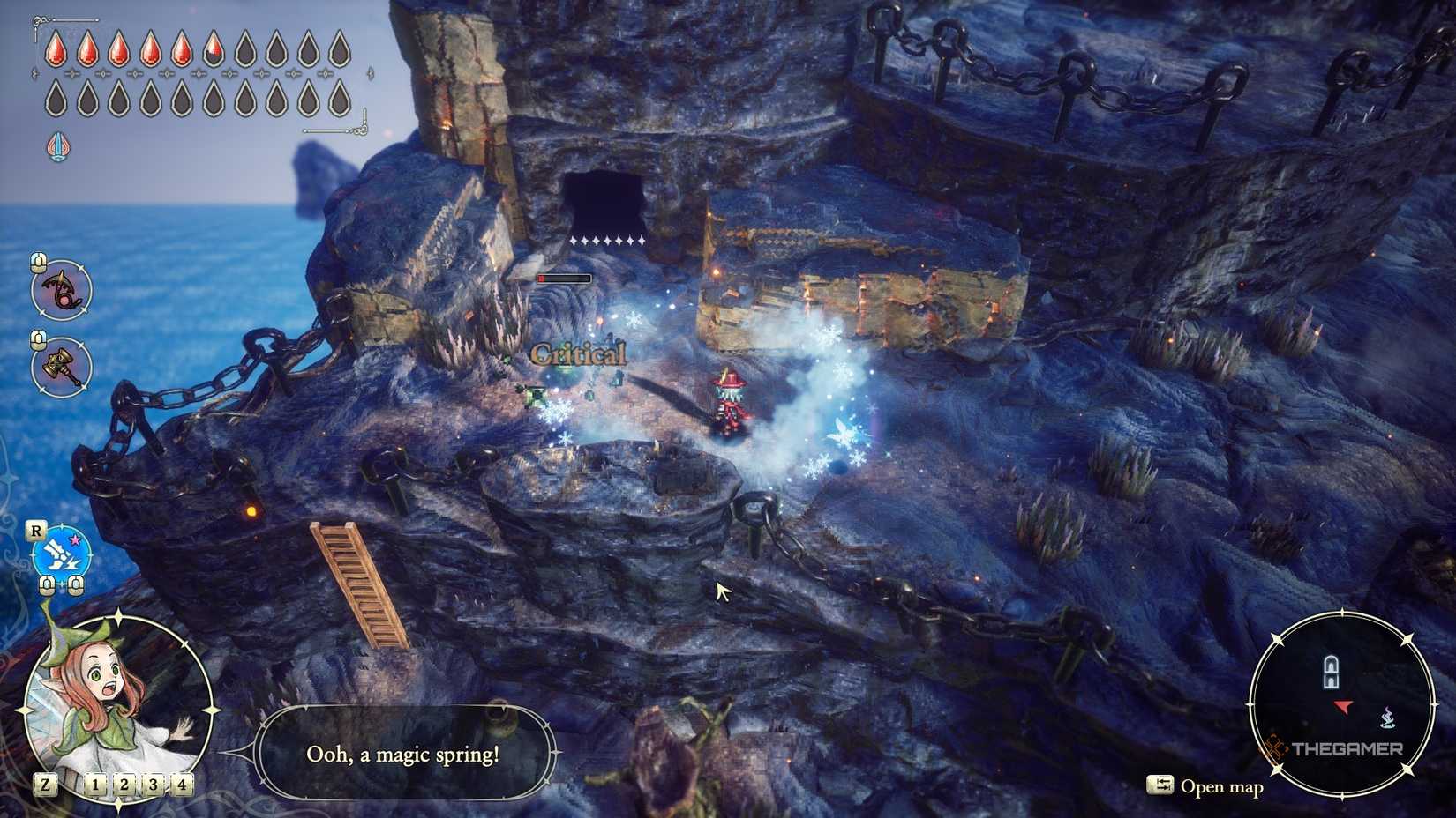 Attacco con la catena congelante su un nemico in montagna in The Adventures of Elliot