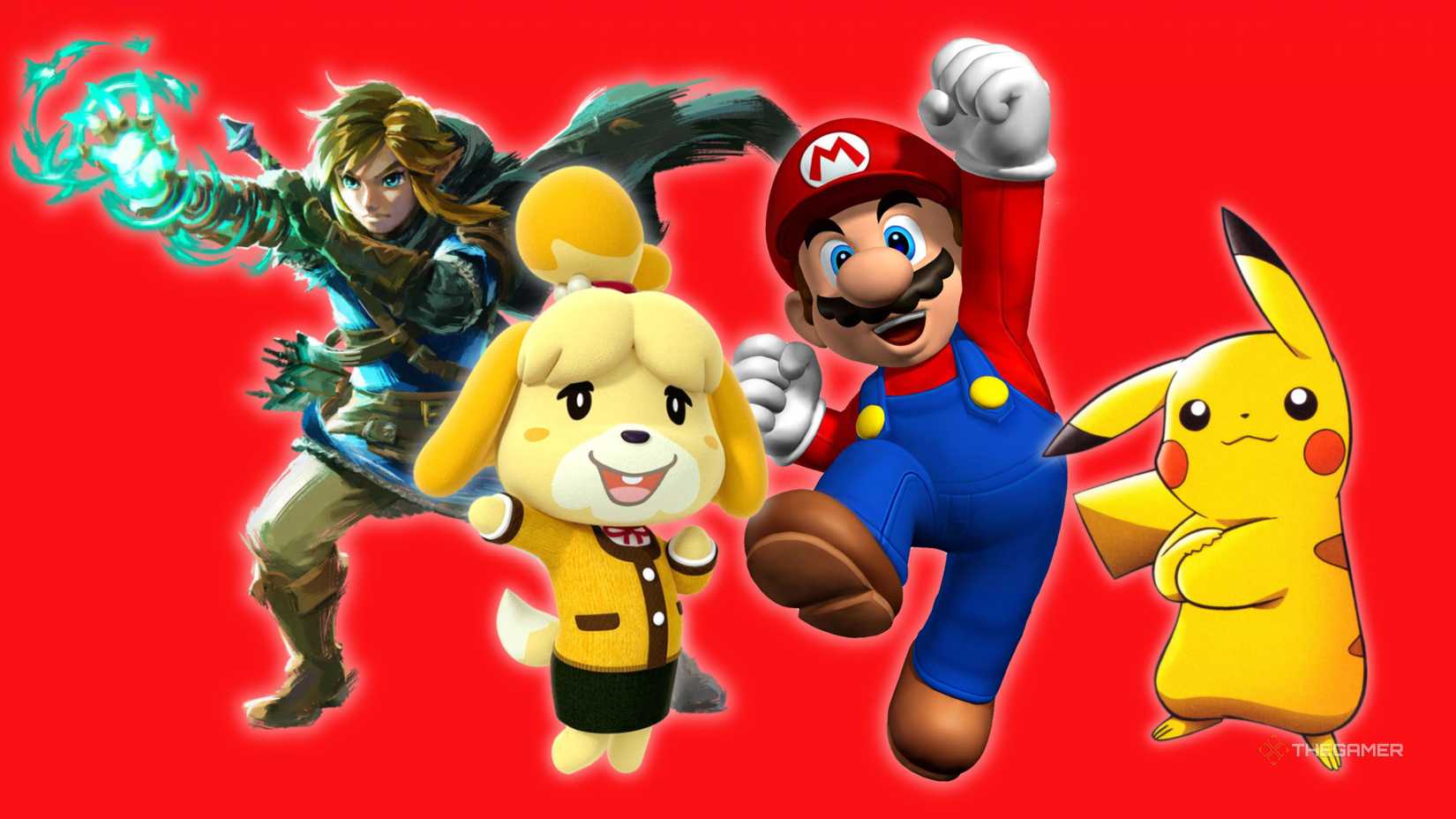 Link from The Legend of Zelda, Isabelle from Animal Crossing, Mario, and Pikachu from Pokemon against a red Nintendo background.