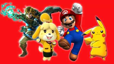 Link from The Legend of Zelda, Isabel, Mario from Animal Crossing, and Pikachu from Pokemon against a red Nintendo background.