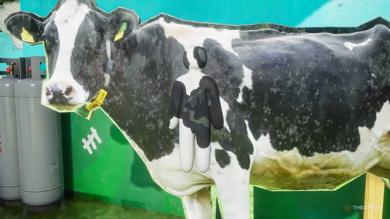 Meccha Chameleon player hiding on a cow.