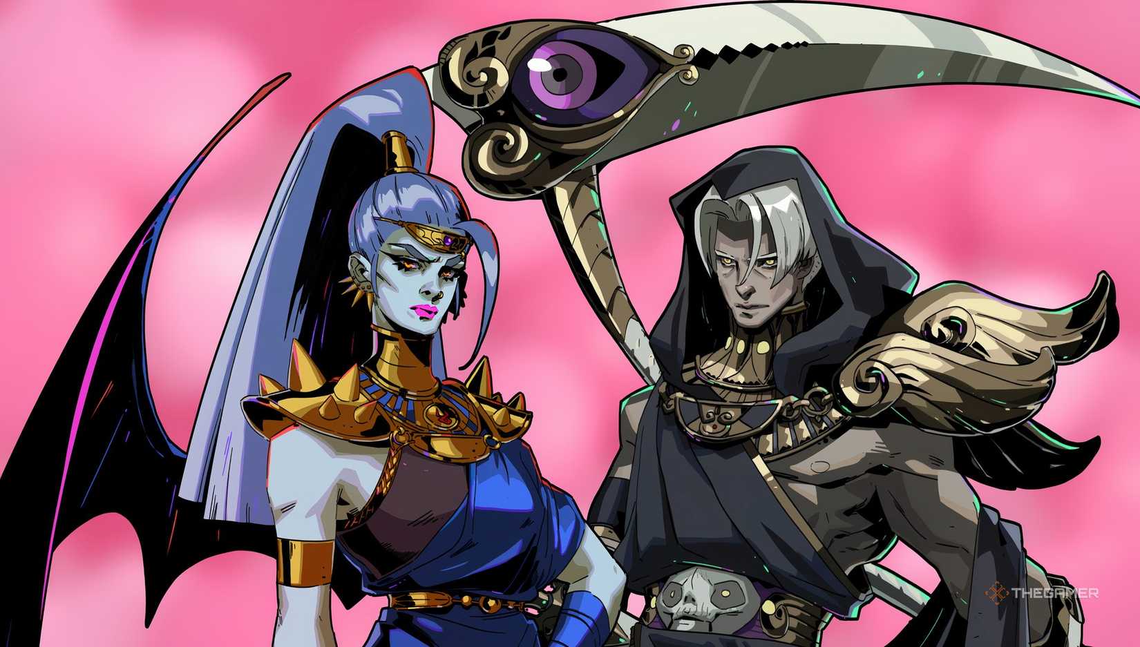 Megaera and Thanatos of Hades on a red background