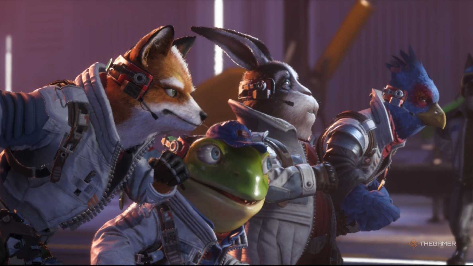 Fox, Peppy, Slippy, and Falco on Star Fox.