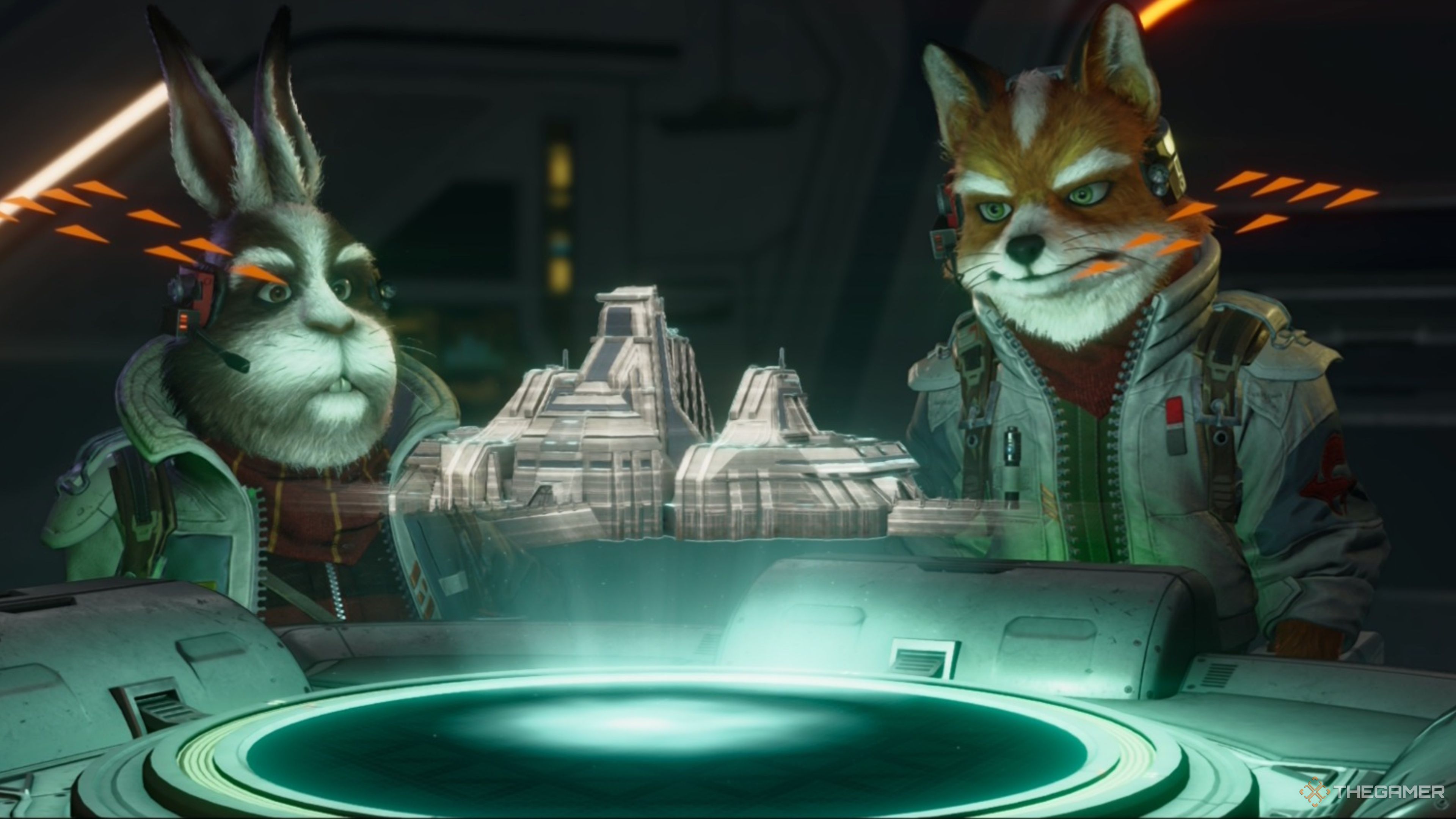 Fox and Thrill watching a hologram in Star Fox.