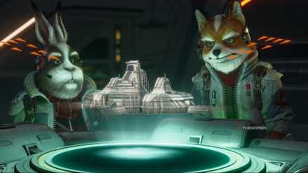 Fox and Thrill watching a hologram in Star Fox.