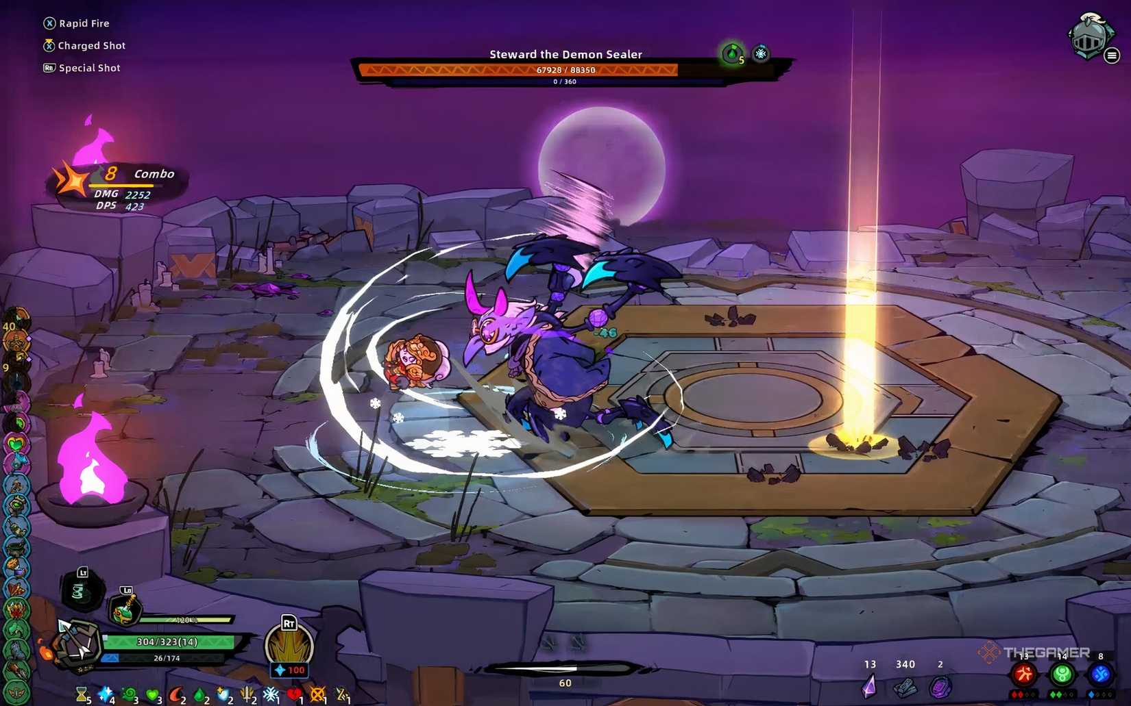 The player dodges an attack from Steward the Demon Sealer in Lost Castle 2
