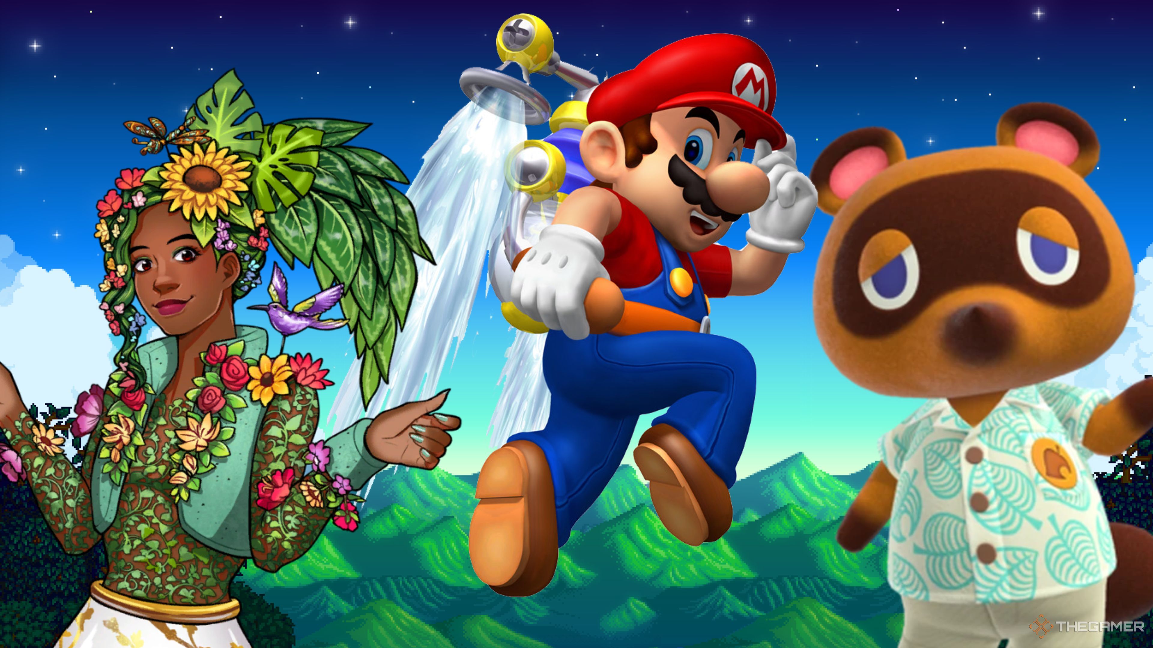 Prissy from Date Everything, Mario from Super Mario Sunshine and Tom Nook from Animal Crossing New Horizons on a background from Stardew Valley.