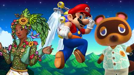 Prissy from Date Everything, Mario from Super Mario Sunshine and Tom Nook from Animal Crossing New Horizons on a background from Stardew Valley.