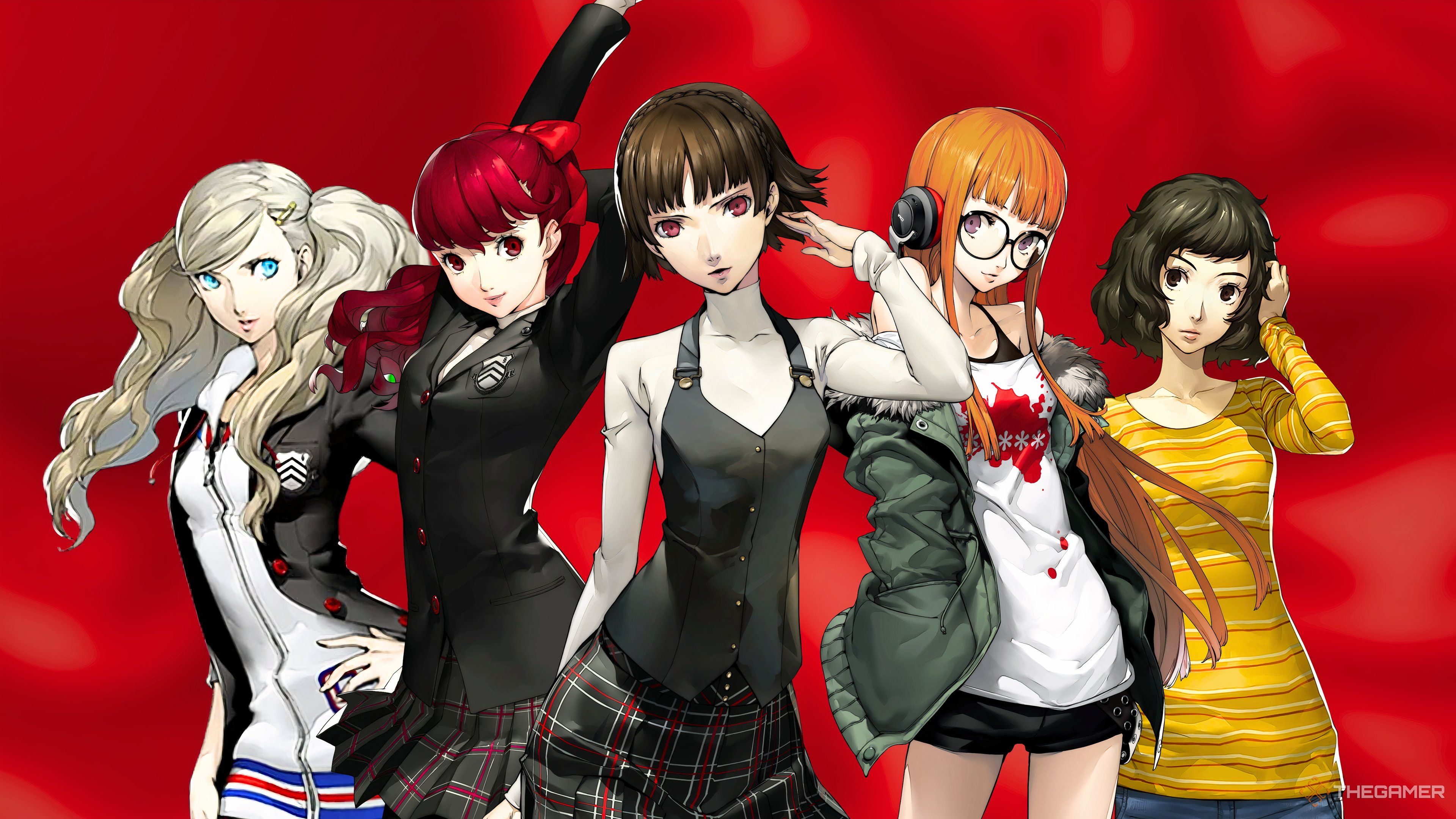Several of the romance options from Persona 5 royal in front of a red background.