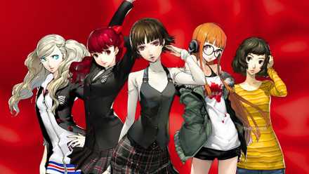 Several of the romance options from Persona 5 royal in front of a red background.
