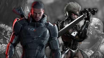 Shadow of Mordor background behind images of Commander Shepard and Raiden.
