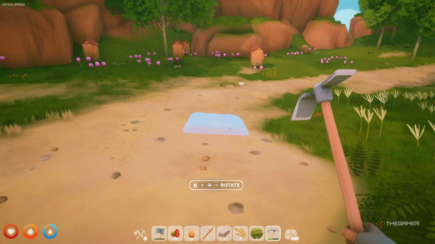 Solarpunk using a hoe to create a farming plot.
