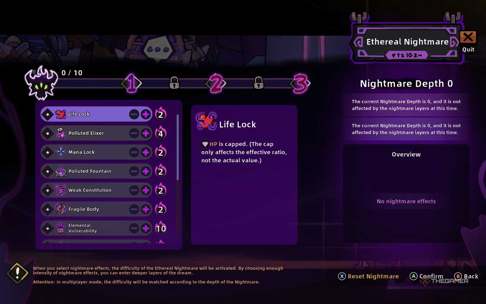 Ethereal Nightmare mode menu in Lost Castle 2.