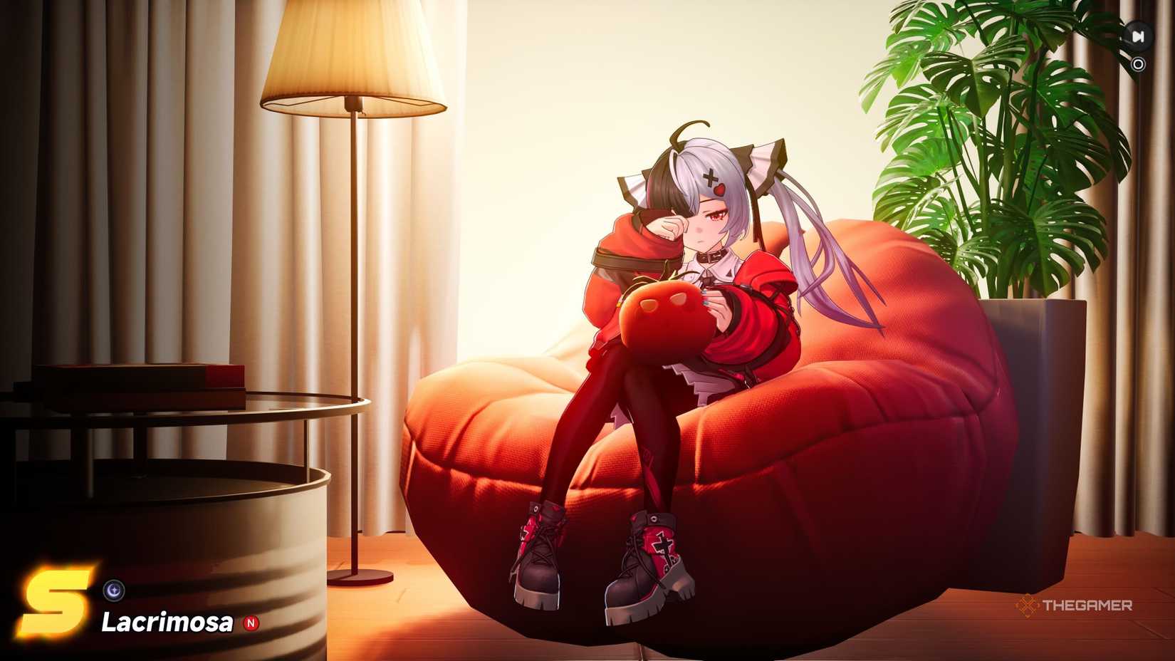 The screen when you draw Lacrimosa in NTE, of her sitting on a red bean bag chair.